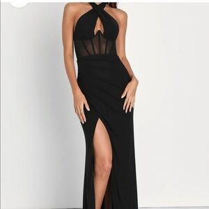 Lulus Black Mesh Cross-Front Halter Dress